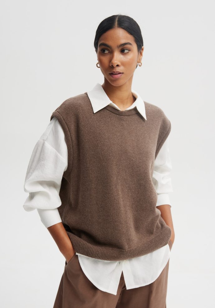 WEŁNIANA KAMIZELKA LAURA BRĄZOWA