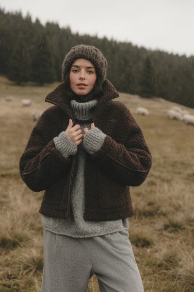 WEŁNIANA KURTKA TEDDY CZEKOLADOWA